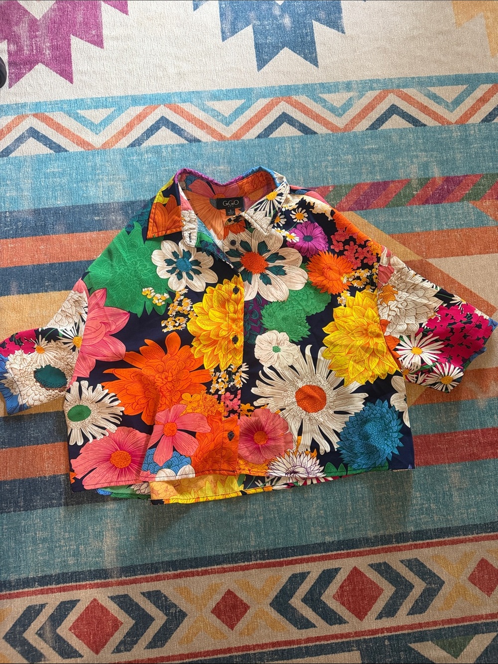 GEO Floral Multicolor Cropped Button-Up Top